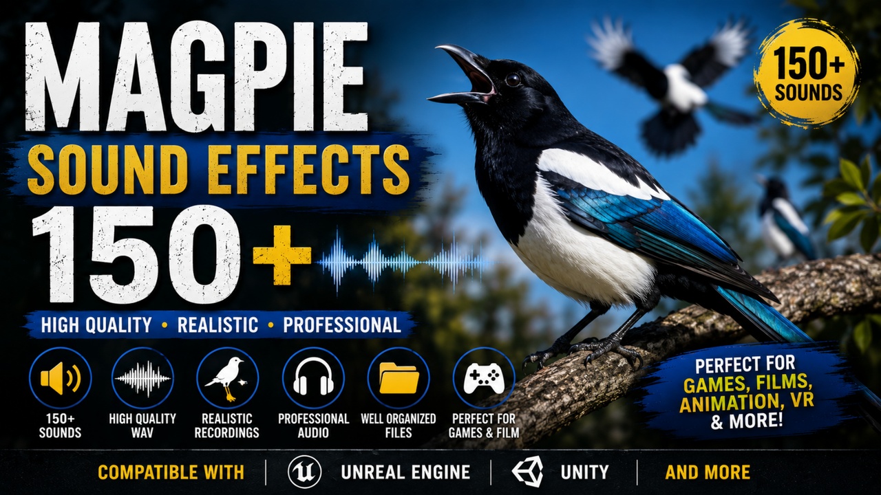 Media 1 for listing Magpie Sounds 150+ Sound Effects FX – Magpie Calls, Chatter, Caws, Wing Flaps