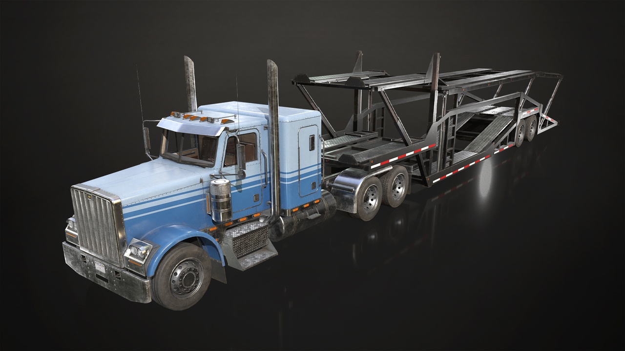 Media 1 for listing Flat Top Semi Truck Car Carrier Trailer - Low Poly