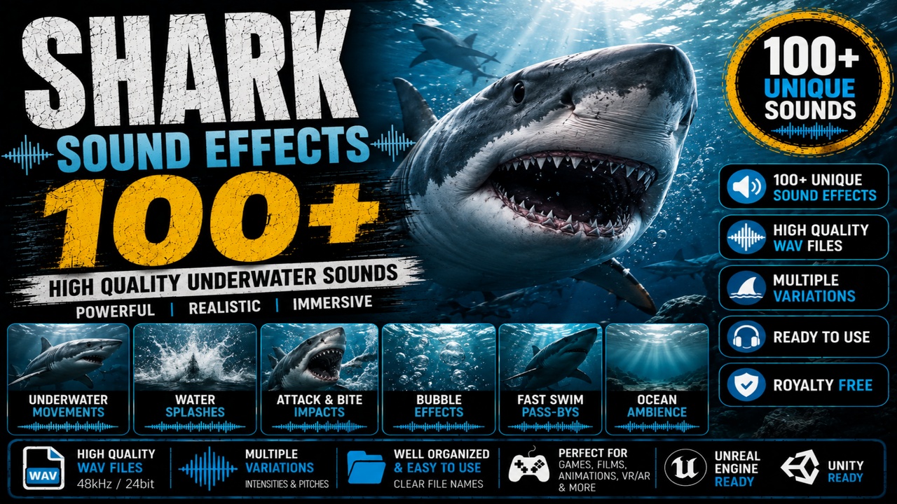 Media 1 for listing Shark Sound Effects 100+ FX – High-Quality Underwater, Attack & Ocean Sounds