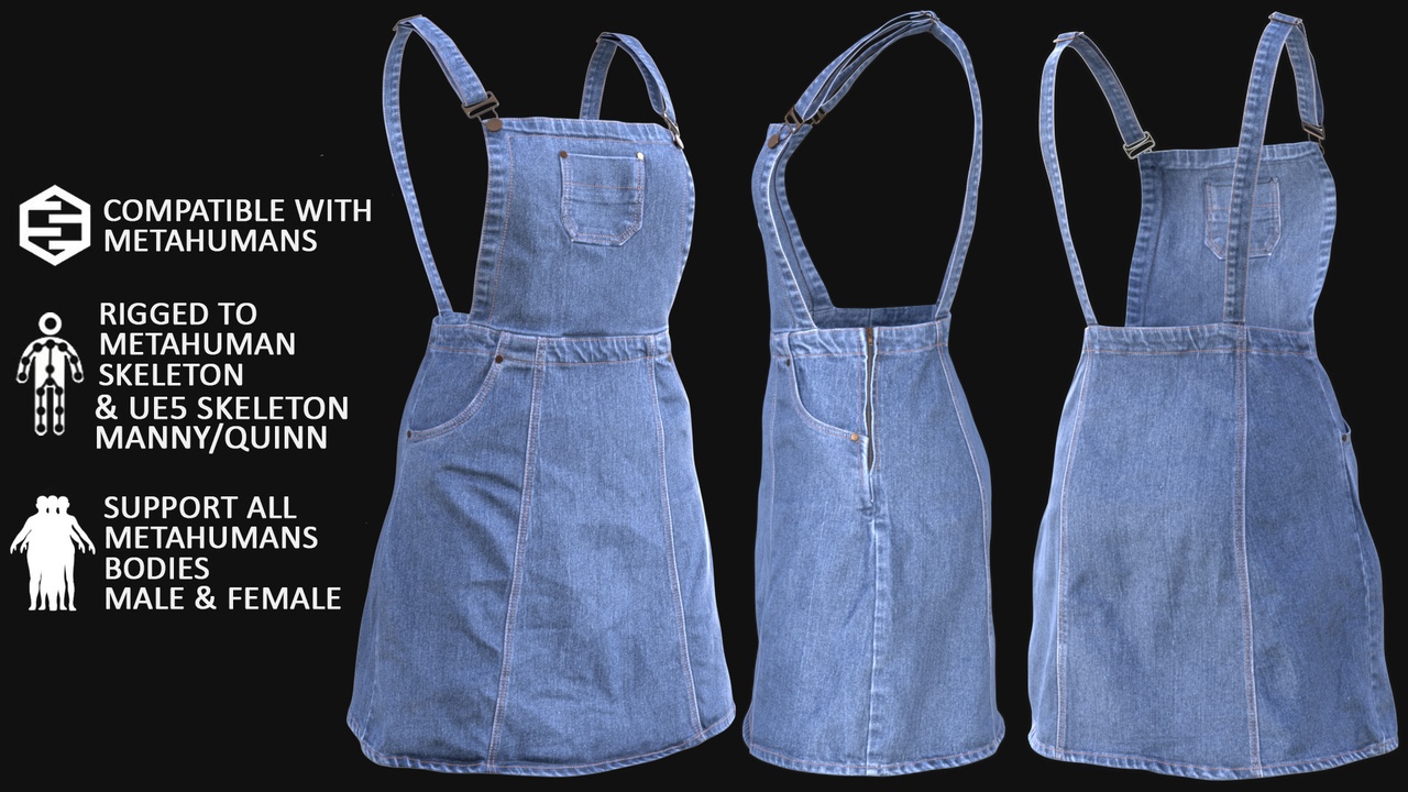 Media 1 for listing Denim Dress for Metahuman 3D model 101 - MH & UE5 Skeletons - Rigged