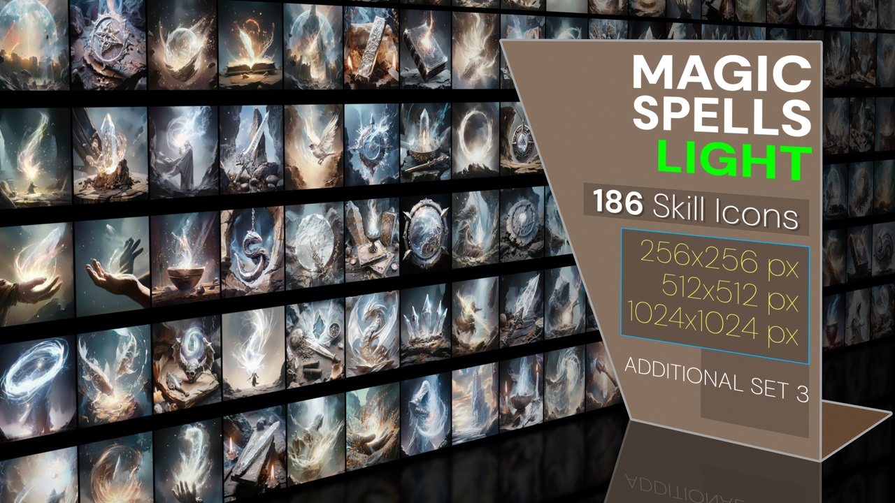 Media 1 for listing 186 additional magical spell icons themed around - Light. Pack 3