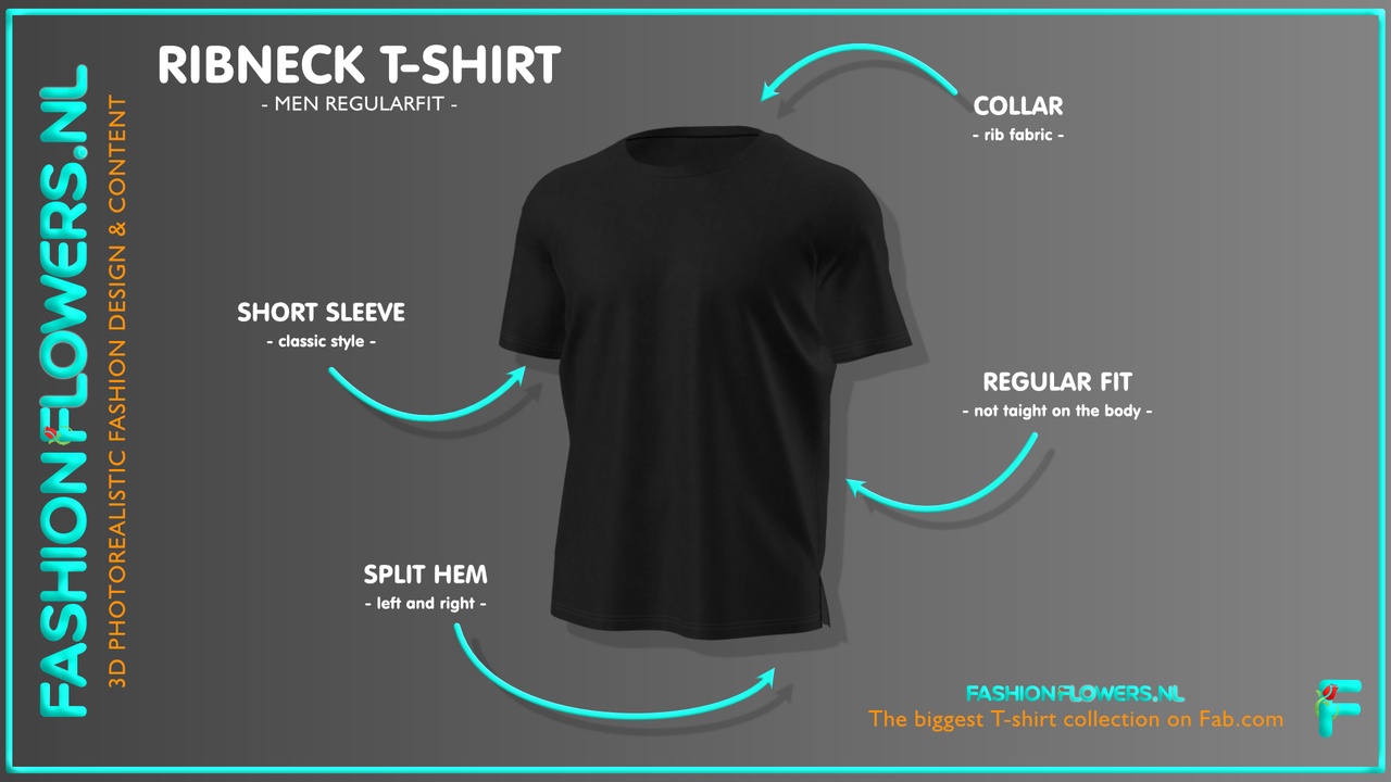 Media 1 for listing Black Colour T-shirt Short Sleeves | Rib Tape Round Neck | Sideseam Splits