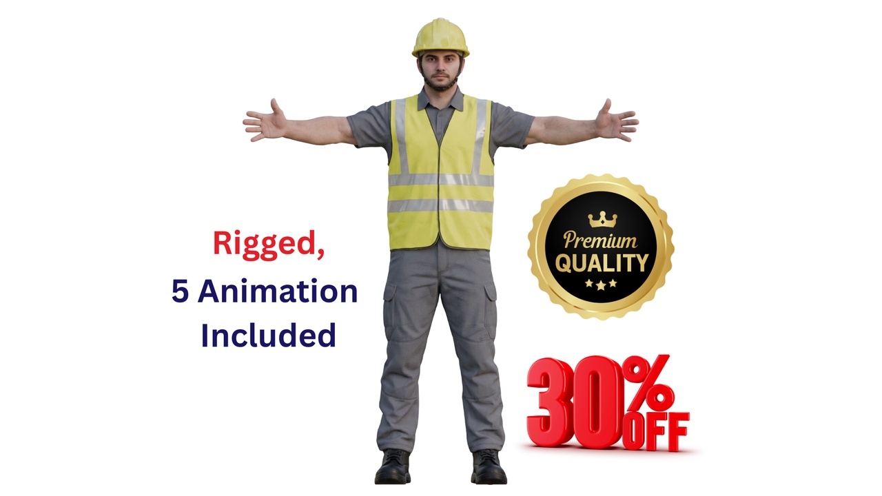 Media 1 for listing Realistic Rigged Male Construction Worker Engineer Character - 5 Animations PBR