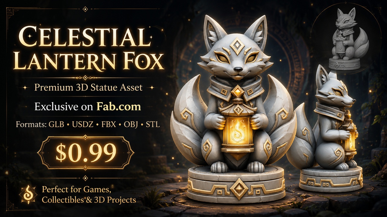 Media 1 for listing Celestial Lantern Fox | Premium 3D Statue Asset | AR Ready