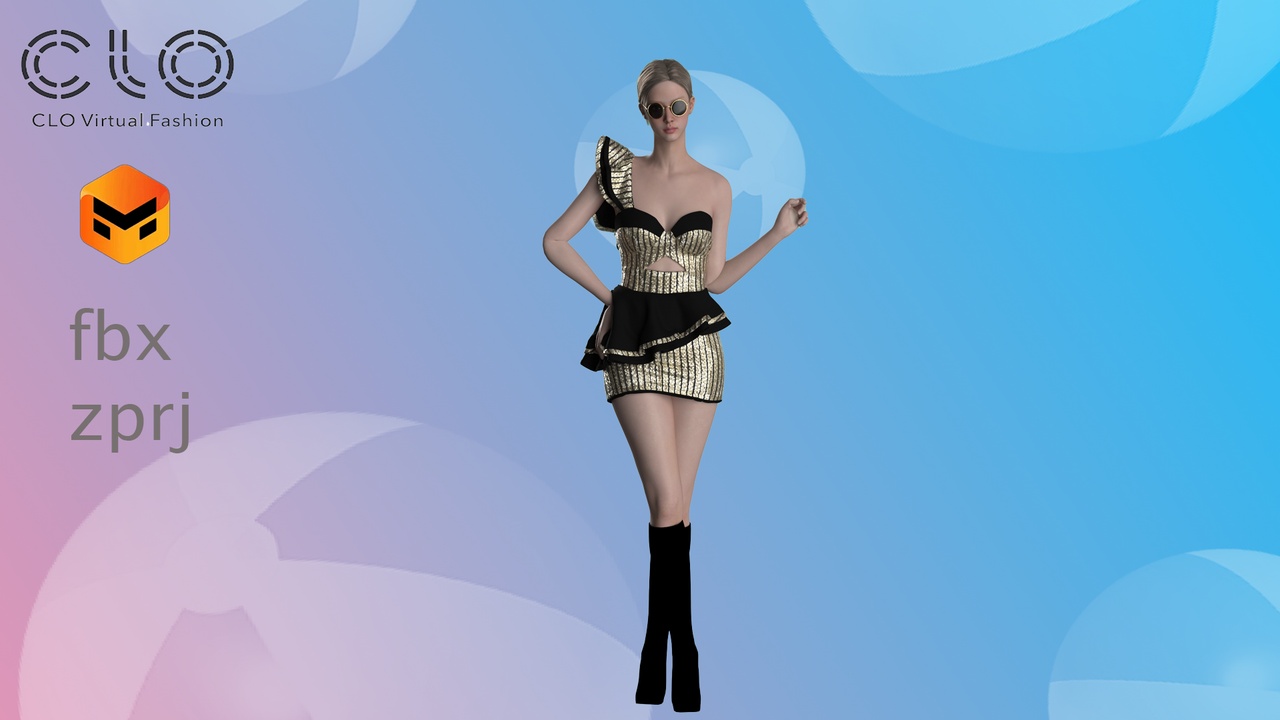 Media 1 for listing One Shoulder Mini Dress – CLO 3D / Marvelous Designer Project (.ZPRJ + FBX)
