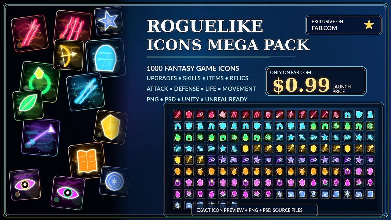 Media 1 for listing Roguelike Icons Mega Pack | 1000 Fantasy Game Icons | PNG + PSD