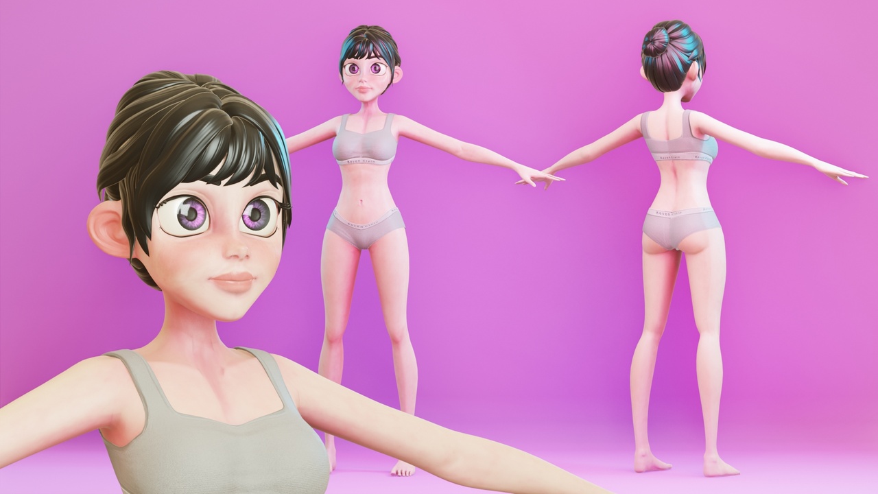 Media 1 for listing Stylized Cartoon Young Adult Woman Rigged Base Mesh 3D Character