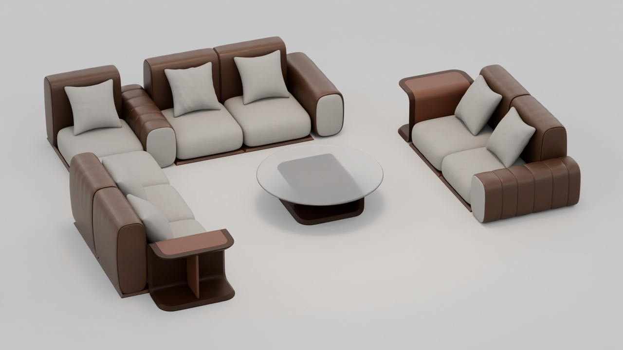 Media 1 for listing Leather and Fabric Sectional Lounge Sofa Set Furniture with Glass Coffee Table
