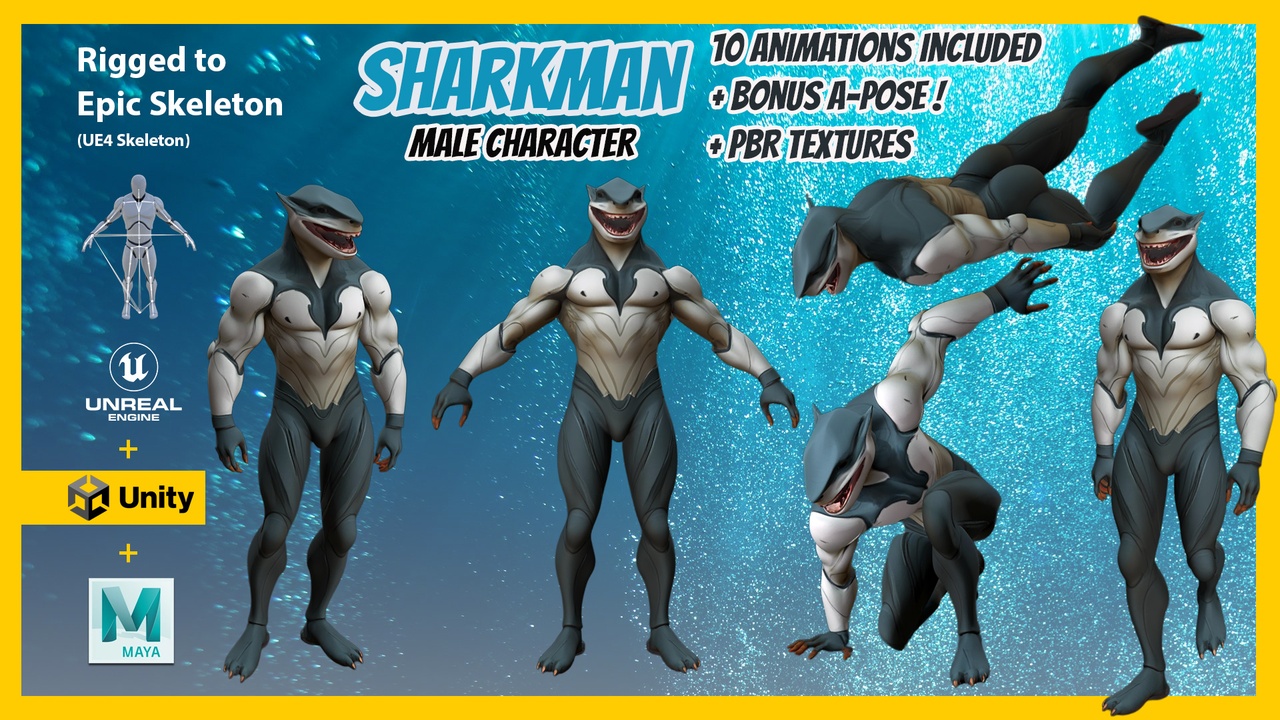 Media 1 for listing Sharkman / Stylized Fantasy Male Character Rigged to UE Skeleton, Unity & Maya