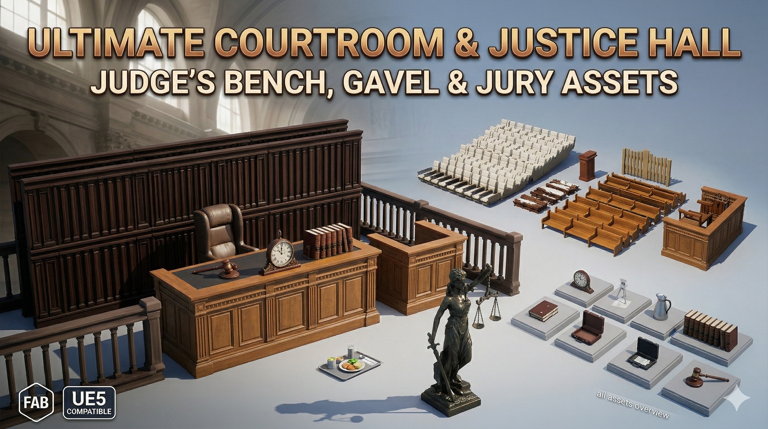 Multimedia 1 dla listy Ultimate Courtroom & Justice Hall - Judge’s Bench, Gavel & Jury