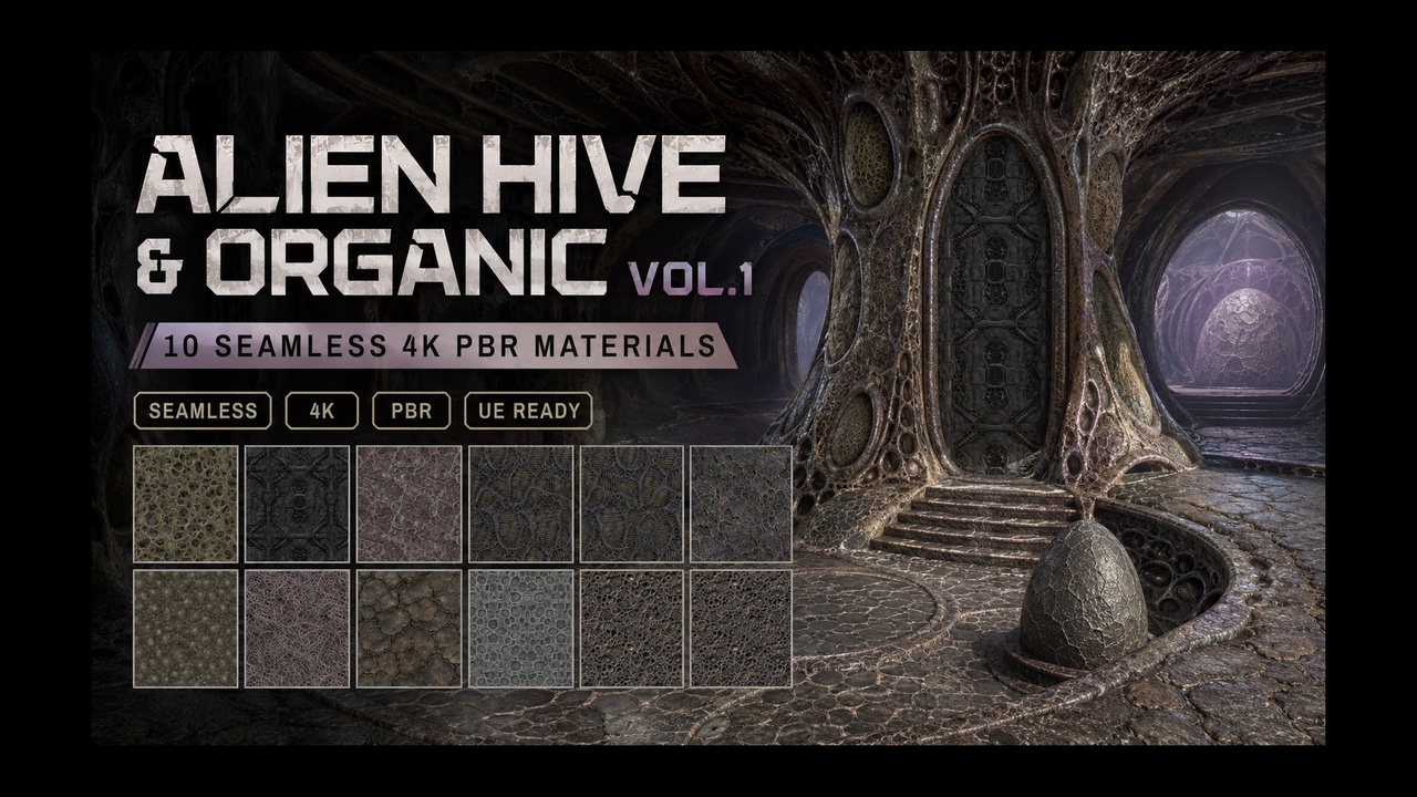Media 1 for listing Alien Hive & Organic Sci-Fi Biomech Materials - 10 Seamless 4K PBR Textures UE5