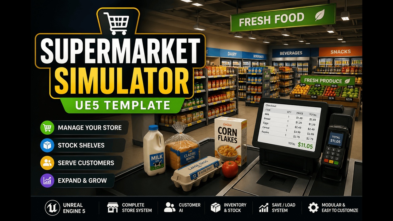 Media 1 for listing Supermarket Simulator Template - AI Customers, Queue System & Checkout | UE5