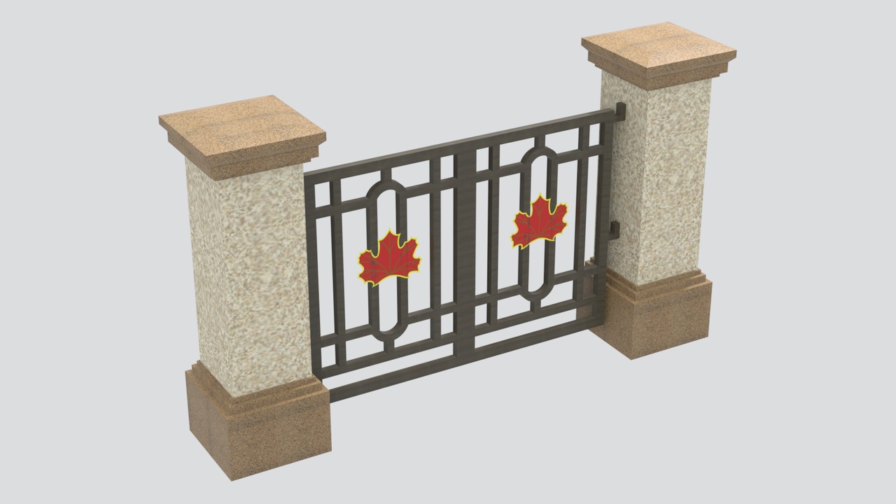 Media 1 for listing Iron Double Gate with Red Maple Leaf Medallions 3D Model