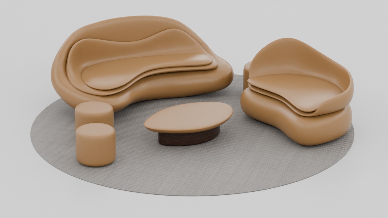 Media 1 for listing Organic Sculptural Tan Leather Lounge Set with Oval Coffee Table