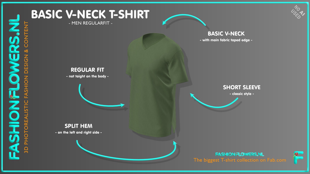 Media 1 for listing Green Colour V-Neck Side Splits T-shirt | Short Sleeve Vneck Shirt | Tape Neck