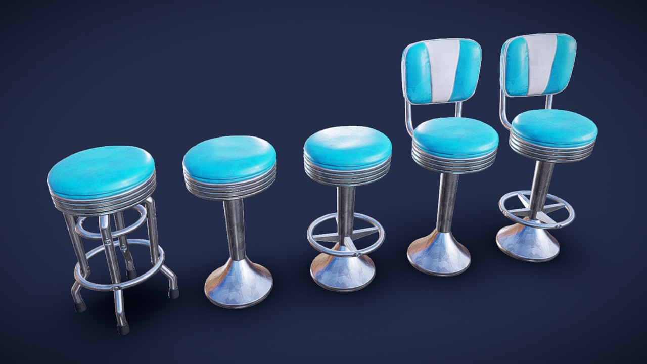 Stool Stylised Stylized Bar Stool Blue - Game Ready | Fab
