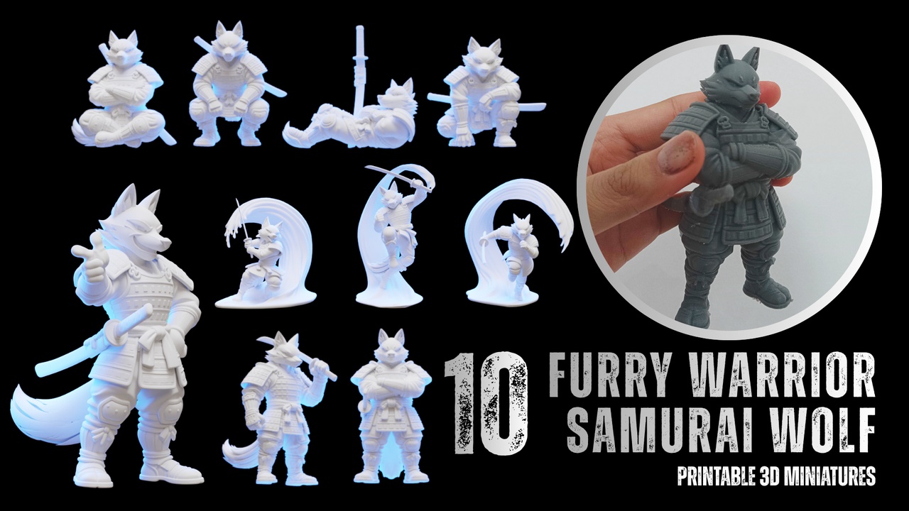 Media 1 for listing 10 Printable 3D Miniatures – FURRY WARRIOR SAMURAI WOLF RONIN Figure Model STL