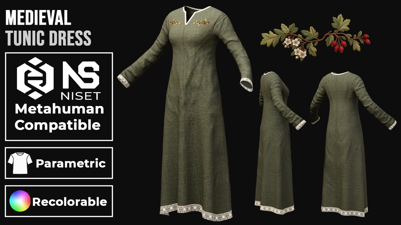 Media 1 for listing Medieval Tunic Dress 02 - Recolorable Parametric Tunic for Metahuman UE5 MHPKG