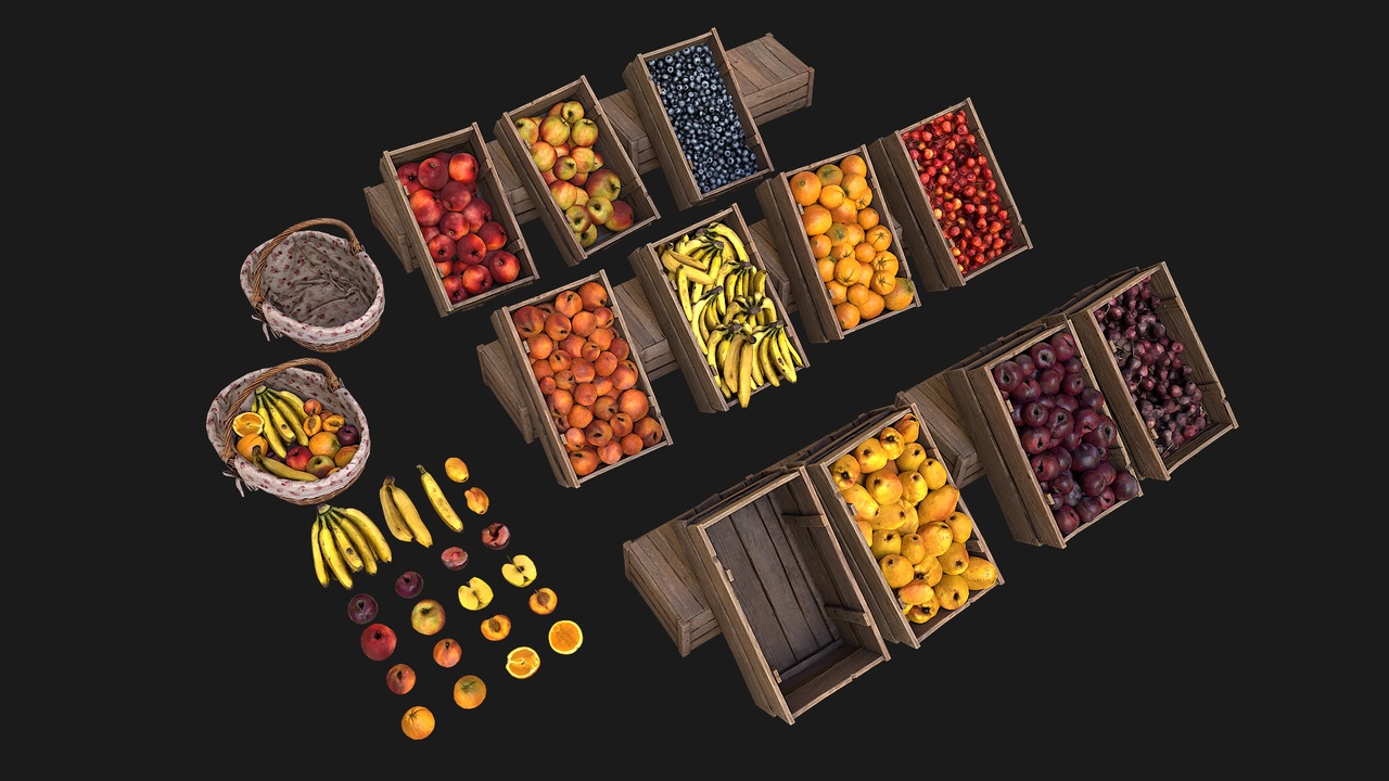 Media 1 for listing Set of Boxes of Fruits Crate Medieval Bazaar Food