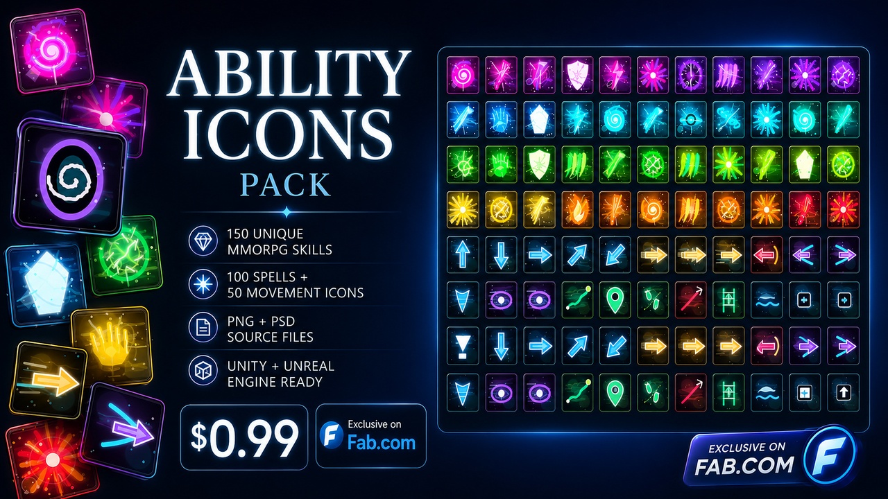Media 1 for listing Ability Icons Pack | 150 Unique MMORPG Skills | PNG + PSD + Unity + Unreal