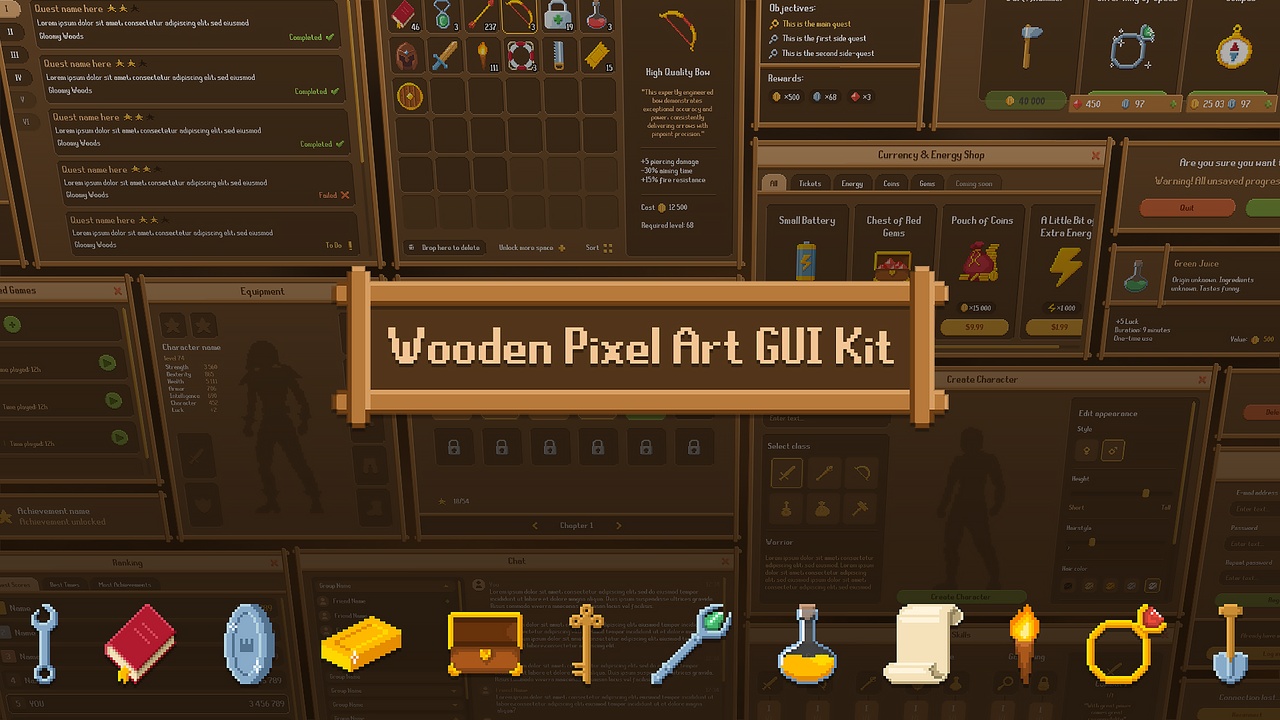 Media 1 for listing Pixel Art, Wooden Retro GUI / UI / Main Menu + widgets + sources