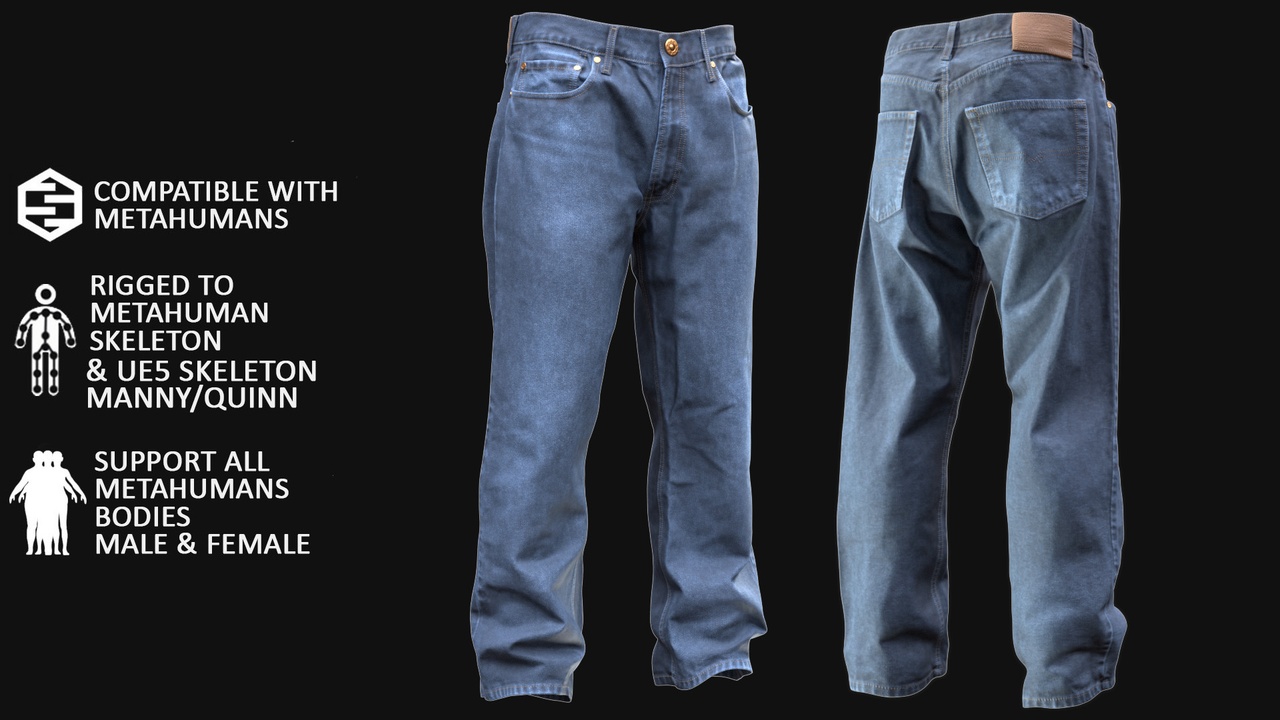 Media 1 for listing Jeans for Metahuman 3D model 11 - MH & UE5 Skeletons - Rigged
