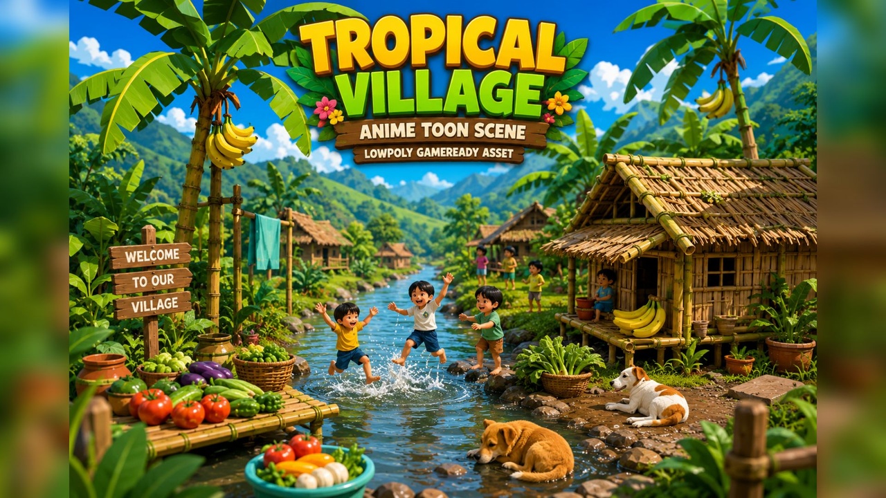Media 1 for listing Tropical Village Anime Toon Scene Lowpoly Gameready Asset – Stylized 3D Nature
