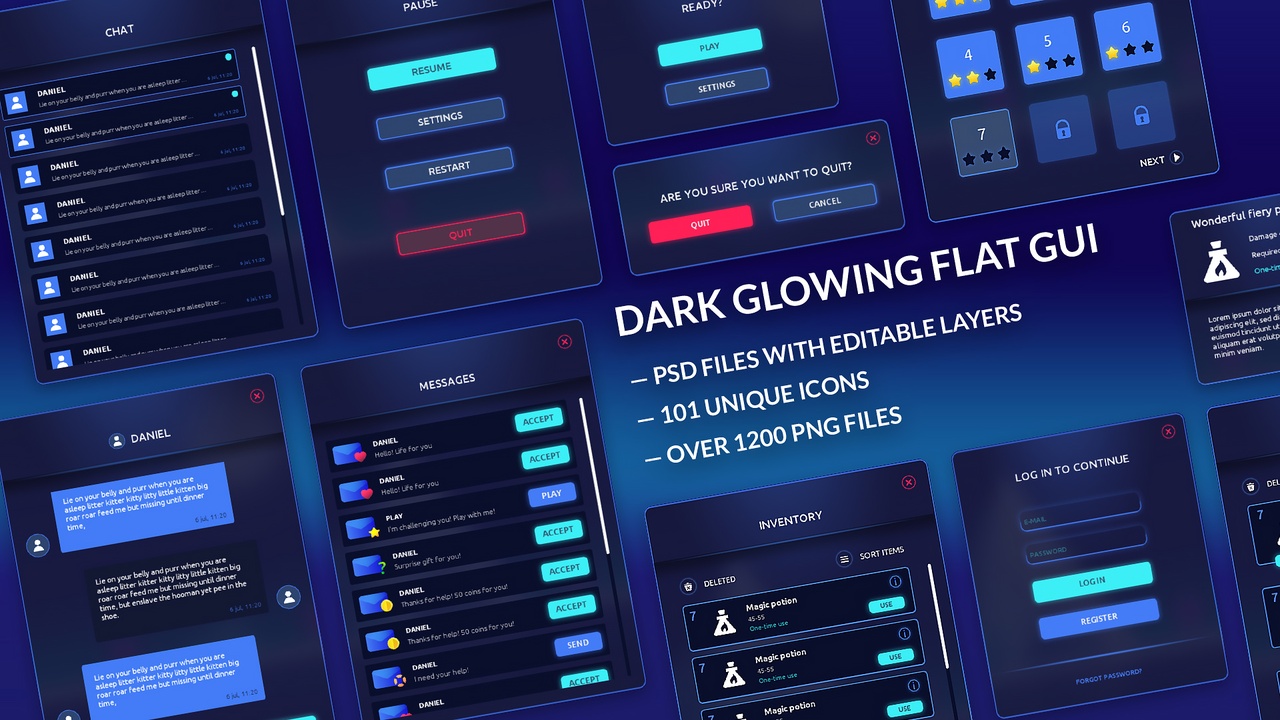 Media 1 for listing Dark Glowing Flat GUI / UI Kit + PSD / AI source files