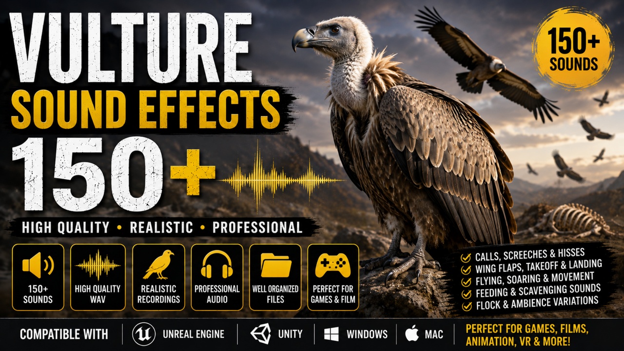 Media 1 for listing 150+ Vulture Sound Effects FX – Calls, Screeches, Hisses, Wing Flaps & More