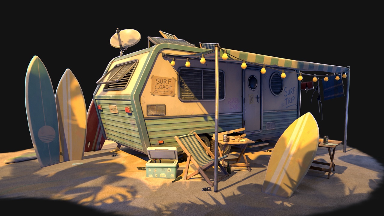 Media 1 for listing Stylized Surf Camper Trailer – Beach Camping Props