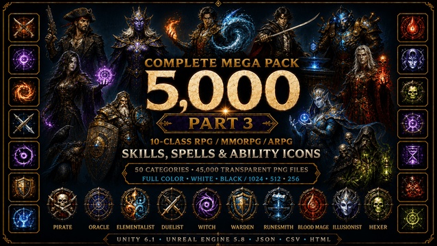 5,000 RPG MMORPG Skills, Spells & Ability Icons | 10-Class Mega Pack | PART 3 — Cobalt Game Assets