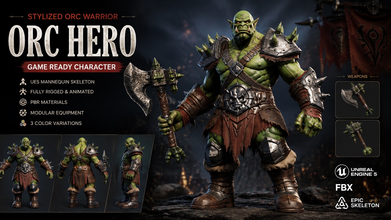 Media 1 for listing Stylized Fantasy Orc | Ready for Game | Customizable Colors
