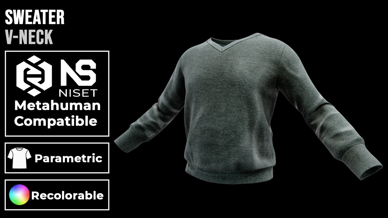 Media 1 for listing Sweater - Recolorable Parametric V-Neck Knit Sweater for Metahuman MH UE5 MHPKG