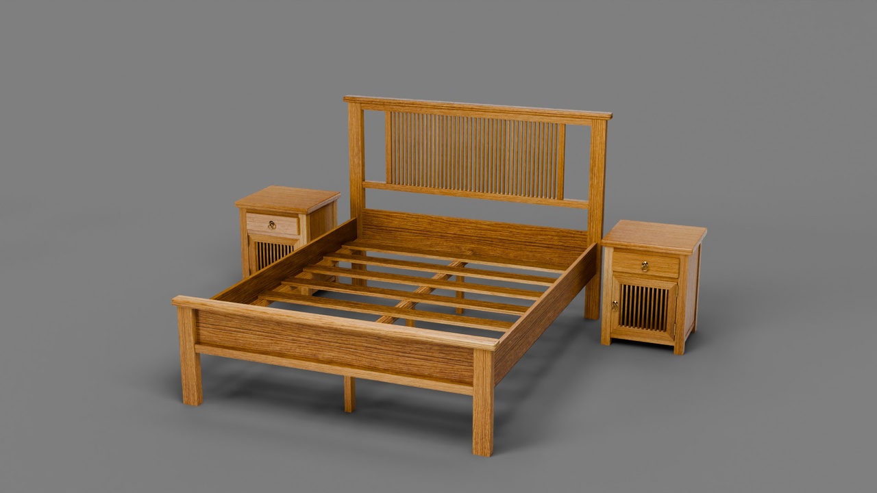 Media 1 for listing Stylized Slatted Wooden Bed and Nightstands Set