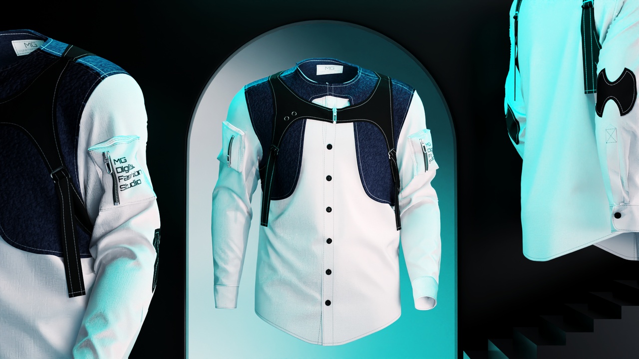Media 1 for listing White Linen Shirt with Leather Harness and Fur Vest – High-Poly