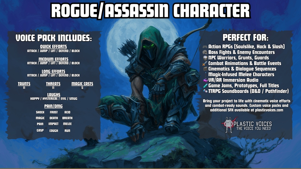 Media 1 for listing ROGUE VOICE PACK | 117 Efforts & Phrases | FOUNDRY SERIES 5/5