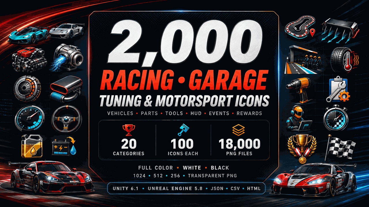 Media 1 for listing 2,000 Racing, Garage, Tuning & Motorsport Icons | Game UI Mega Pack