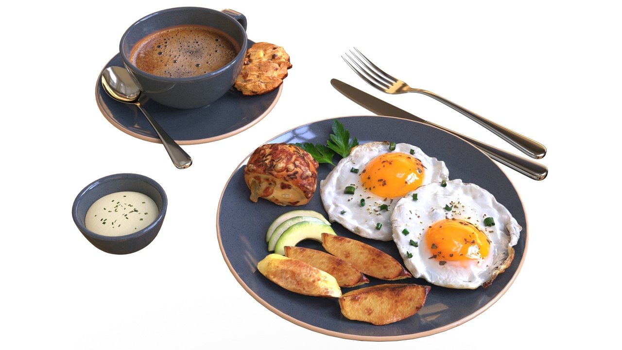 Media 1 for listing Breakfast with fried egg potatoes and coffee