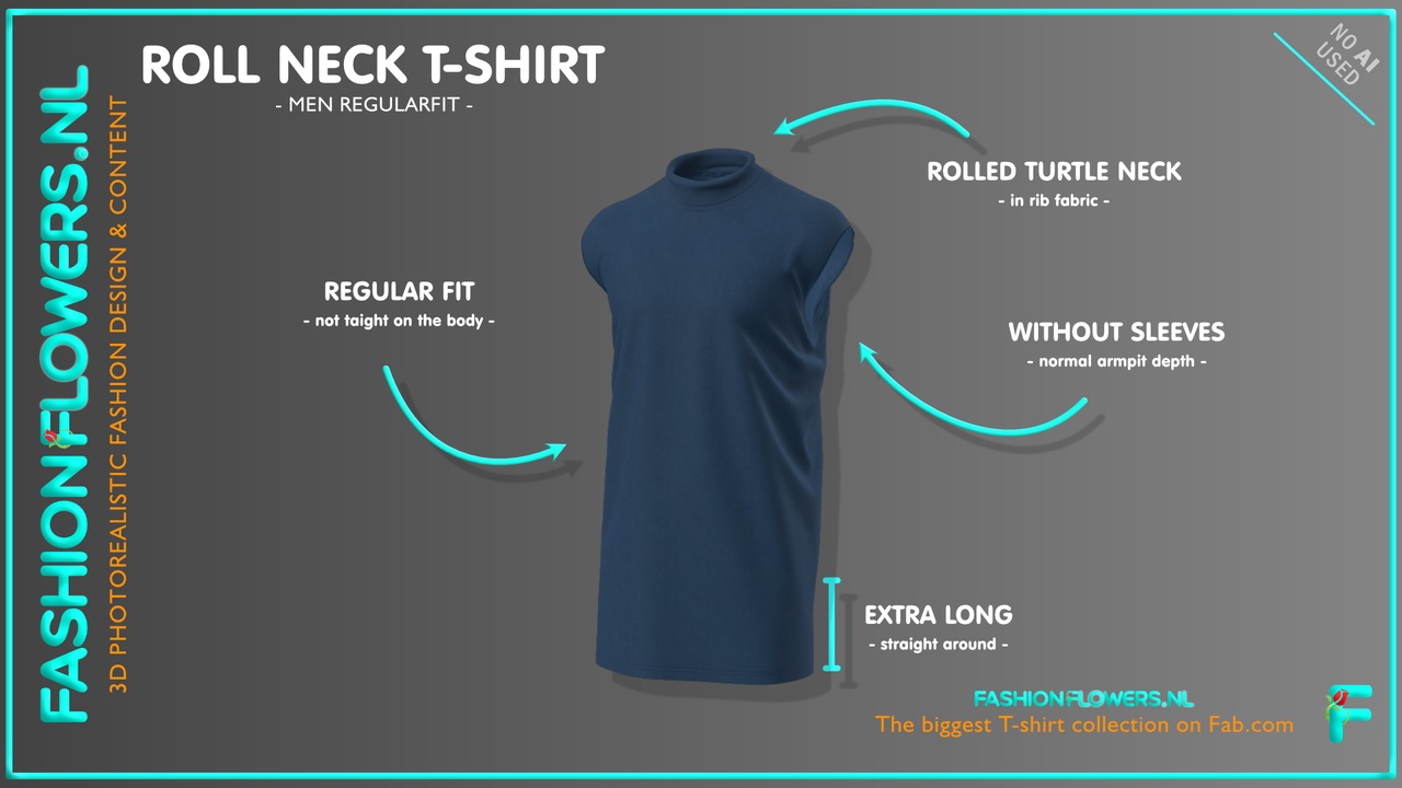 Media 1 for listing Blue Colour Extra Long Roll Neck T-shirt Without Sleeves | Turtle Neck Tshirt