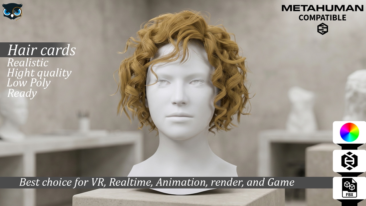 Medium 1 für Eintrag Short Curly Hair Cards Realistic Low Poly Game-Ready Hairstyle
