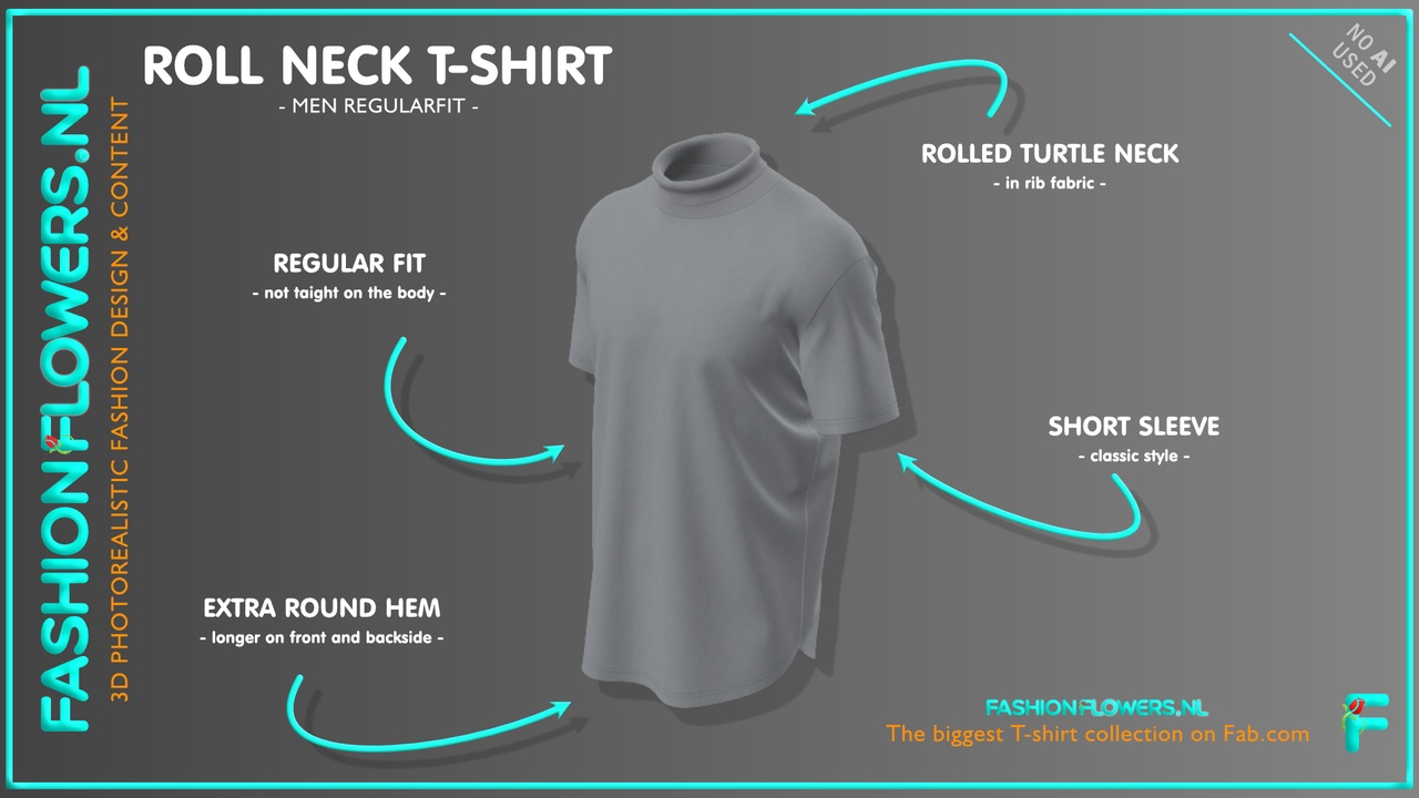 Media 1 for listing Gray Colour Roll Neck With Extra Rounded Underside T-shirt | Turtle Neck Tshirt