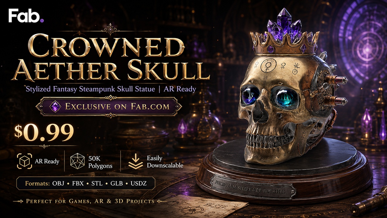 Media 1 for listing Crowned Aether Skull | Stylized Fantasy Steampunk Skull Statue | AR Ready