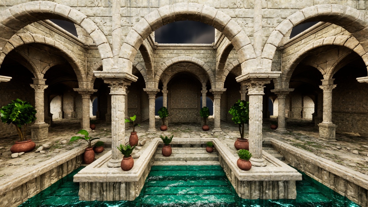 Media 1 for listing Ancient Courtyard Oasis: Stone Arches, Water Features, and Lush Greenery