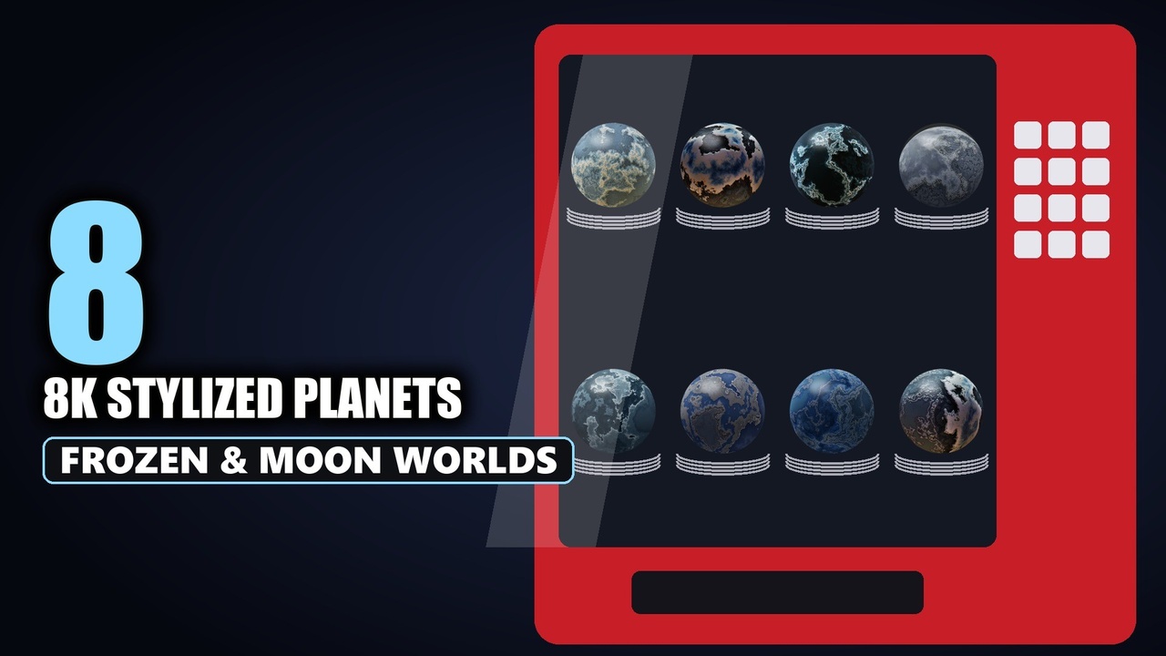 Media 1 for listing Stylized Frozen & Moon Planets Bundle - 8 Icy Worlds with 8K Textures