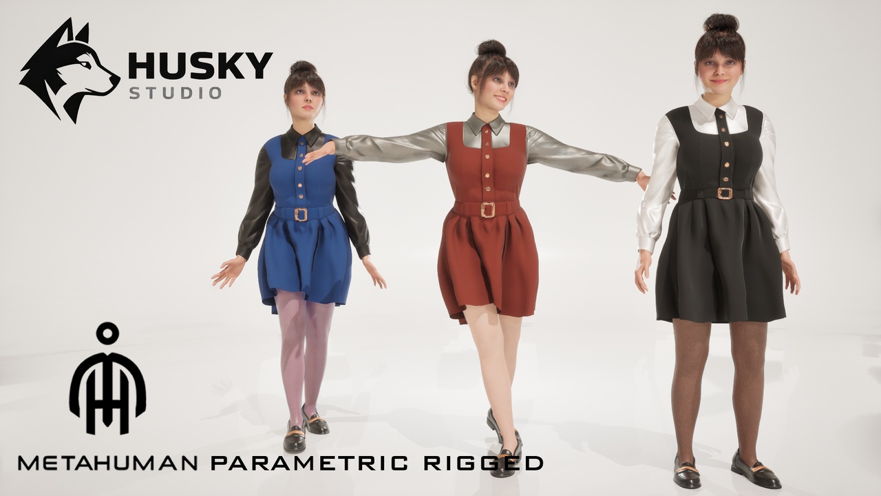 Media 1 for listing Uniform / Dress - 17 - 3 piece Parametric outfit - UE5 Skeleton Rigged