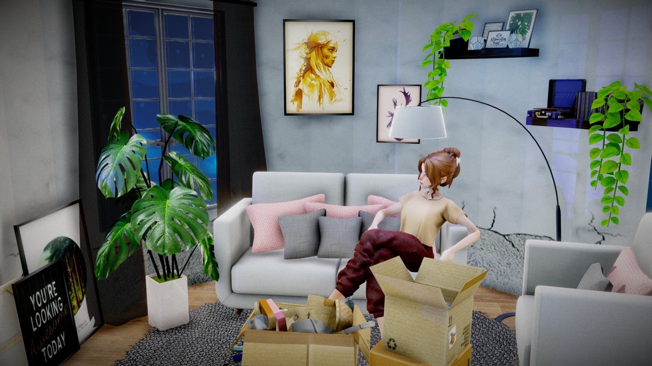 Media 1 for listing Lie down in living room 3D scene (Rigged + BPR)