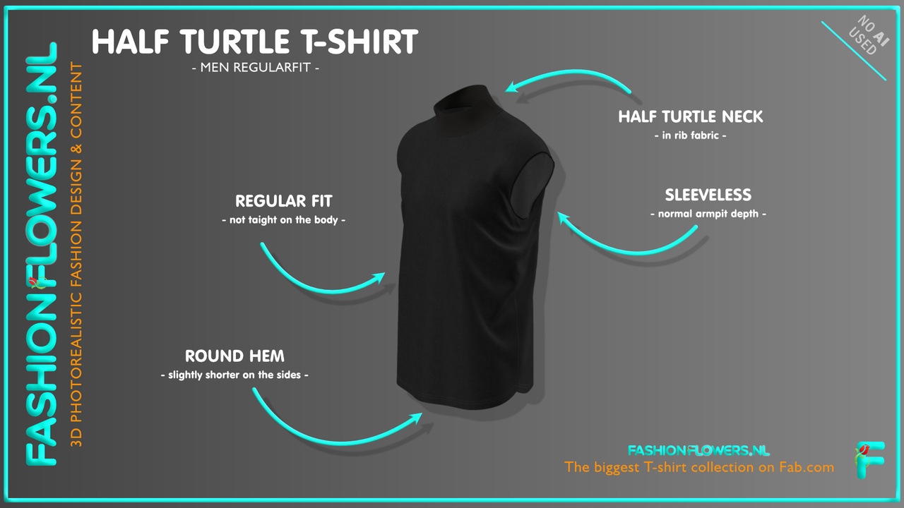 Media 1 for listing Black Colour Half Turtleneck T-shirt | Without Sleeves | Rounded Hem Tshirt
