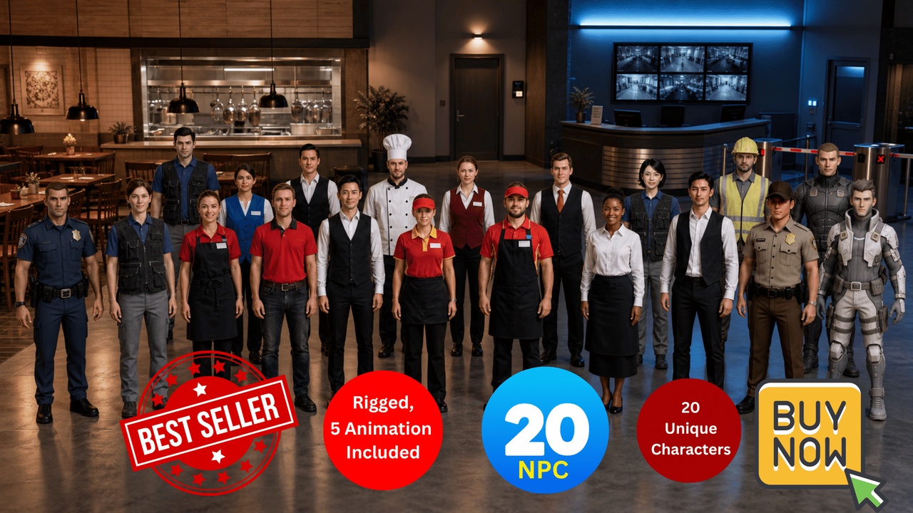 Media 1 for listing NPC Pack 20 Rigged Restaurant Security Characters Game Ready