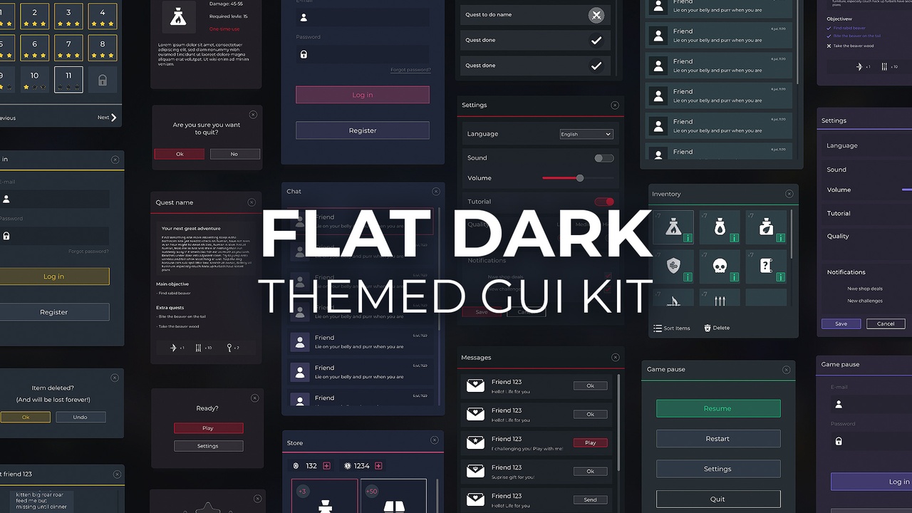 Media 1 for listing Flat Dark GUI / UI Kit - 5 color themes! + widgets, psd sources, icons, 4k