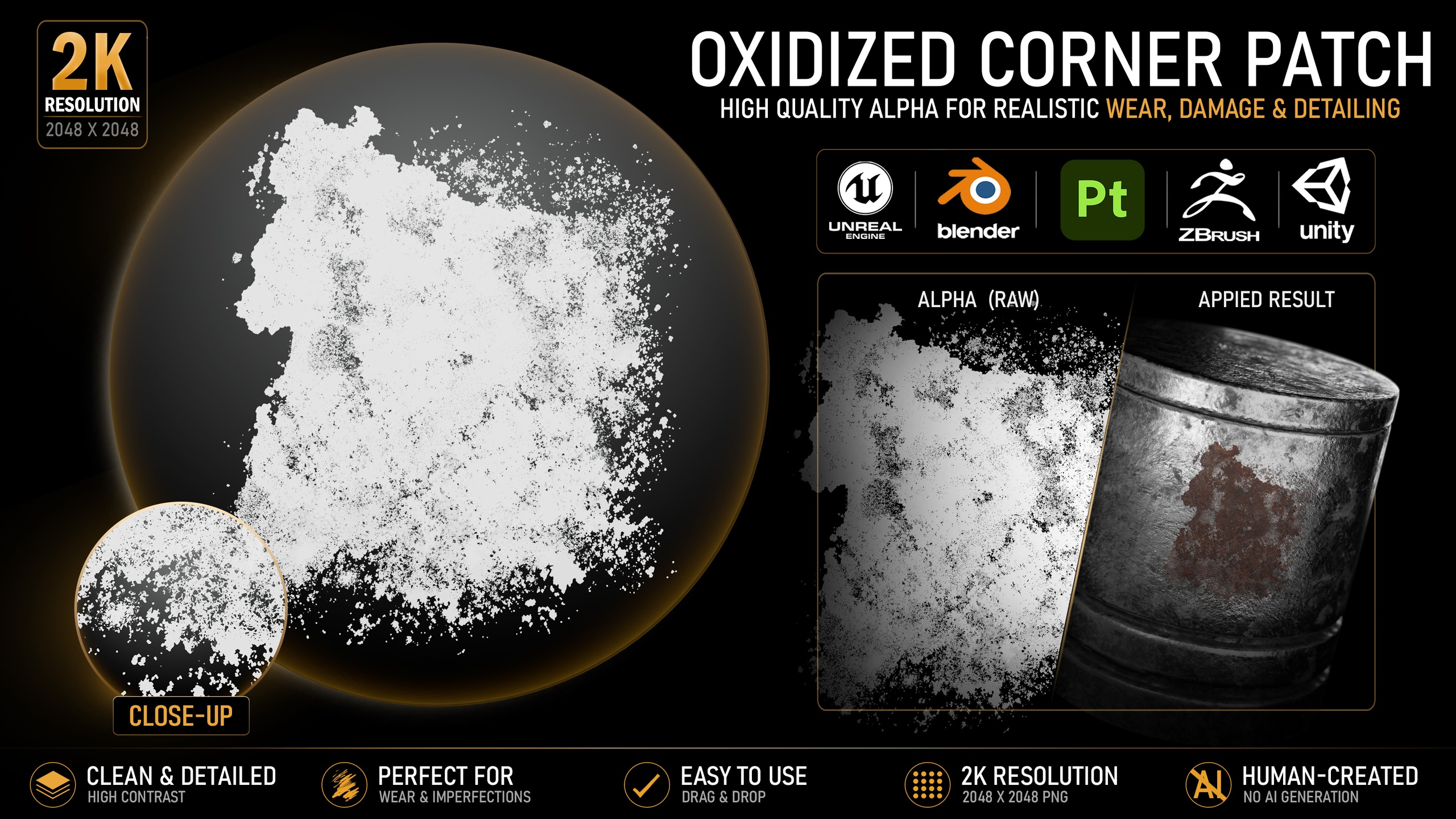 Media 1 for listing Oxidized Corner Patch Alpha | High-Resolution Grunge Texture